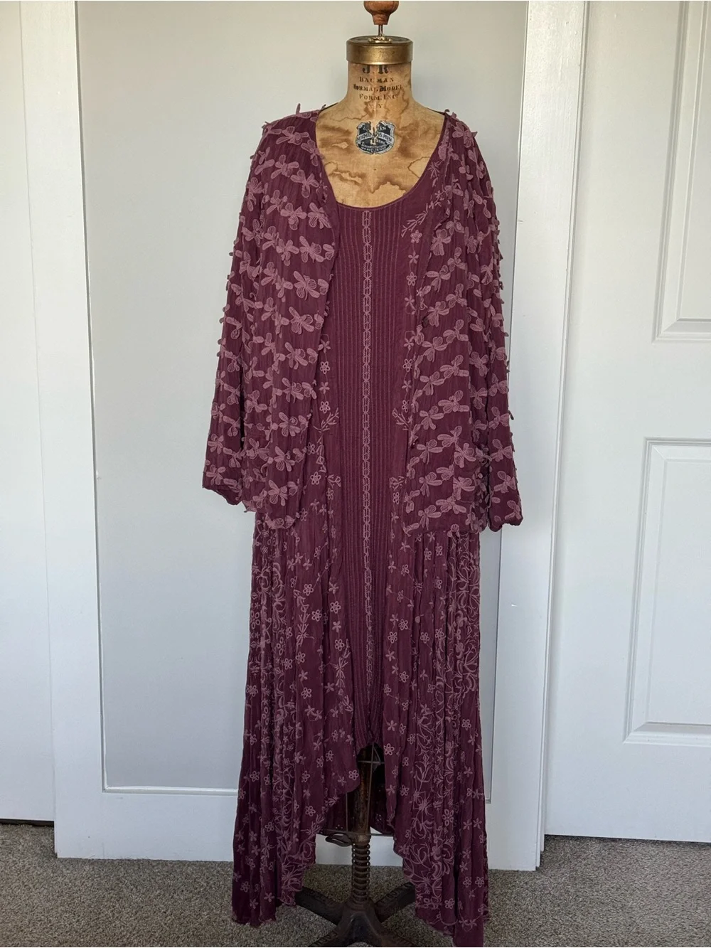 Johnny Was Burgundy Plissé Mesh Embroidered Maxi Dress & Matching Jacket Set S/L